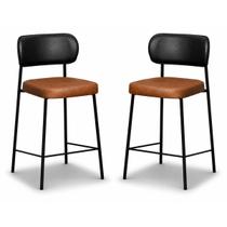Kit 2 Banquetas Altas Camila Industrial Estofadas PU Com Encosto Preto Conhaque Kit 2 Banquetas Altas Camila Industrial Estofadas PU Com Encosto Preto Conhaque