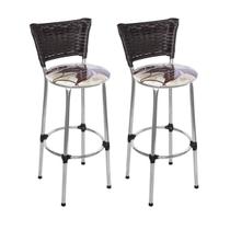 Kit 2 Banquetas Altas Cromada com Encosto Junco Argila Assento Floral Marrom