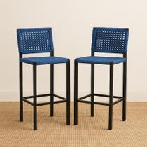 Kit 2 Banquetas Altas Estrutura Aço Corda Náutica Azul Design Moderno Para Varanda Gourmet
