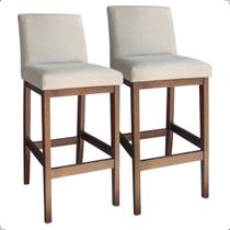 Kit 2 Banquetas Altas Gold Estofadas com Encosto Linho Madeira Maciça para Cozinha Bancada Gourmet Bistro
