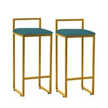 Kit 2 Banquetas Altas Industrial Em Aço Jade Dourado Assento Suede Azul Turquesa