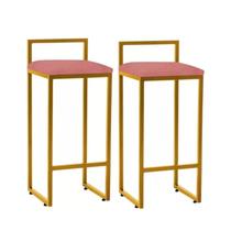 Kit 2 Banquetas Altas Industrial Em Aço Jade Dourado Assento Suede Rose Gold