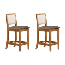 Kit 2 Banquetas Altas Luxo em Tela Sextavadas Assento Estofado Veludo Cinza Rubi Madeira Maciça Mel