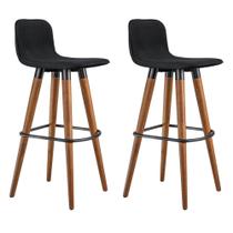 Kit 2 Banquetas Altas Luxo Linea Aço Preto Linho Preto Base Carvalho