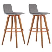Kit 2 Banquetas Altas Luxo Versatil Aço Cobre Linho Cinza Base Carvalho