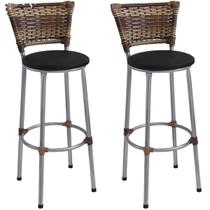 Kit 2 Banquetas Altas Prata com Encosto Junco Capuccino Assento Preto