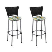 Kit 2 Banquetas Altas Prata com Encosto Junco Preto Assento Floral Branco