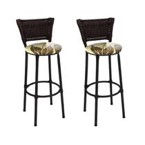 Kit 2 Banquetas Altas Preta com Encosto Junco Argila Assento Floral Marrom