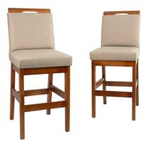 Kit 2 Banquetas Baixa 60cm Estofada com encosto Bancada Americana Cozinha Linho Madeira de Eucalipto Maciça Area Gourmet Kit 2 Banquetas Baixa 60cm Estofada com encosto Bancada Americana Cozinha Linho Madeira de Eucalipto Maciça Area Gourmet