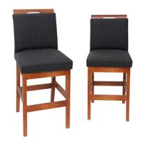 Kit 2 Banquetas Baixa 60cm Estofada com encosto Bancada Americana Cozinha Linho Madeira de Eucalipto Maciça Area Gourmet