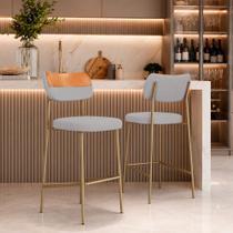 Kit 2 Banquetas Baixa Sala de Jantar Lisa Pés Champanhe Linho/PU Cinza/Caramelo M2 - Monari Design Kit 2 Banquetas Baixa Sala de Jantar Lisa Pés Champanhe Linho/PU Cinza/Caramelo M2 - Monari Design