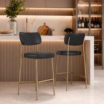Kit 2 Banquetas Baixa Sala de Jantar Lisa Pés Champanhe PU Preto M2 - Monari Design Kit 2 Banquetas Baixa Sala de Jantar Lisa Pés Champanhe PU Preto M2 - Monari Design