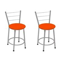 Kit 2 Banquetas Baixas Prata com Encosto Assento Laranja