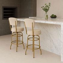 Kit 2 Banquetas Bar cor Dourado Fosco Bancada Média Altura 65cm Giratória Encosto estofado Assento Linho Bege