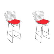 Kit 2 Banquetas Bistrô Bertoia Cromada D70 com Assento Sintético Vermelho