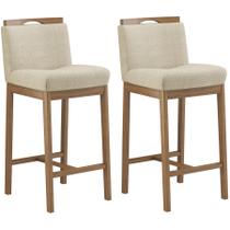 Kit 2 Banquetas Decorativa DANI tecido bege madeira maciça Nogueira