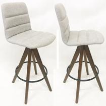 Kit 2 Banquetas Decorativa Helena Gomada Tecido Linho Cinza Claro Base Giratória Madeira - Poltronas do Sul