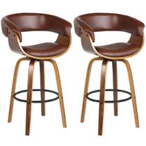 Kit 2 Banquetas Giratória Alta com Encosto Base Madeira Ravi R02 PU Marrom - Mpozenato Kit 2 Banquetas Giratória Alta com Encosto Base Madeira Ravi R02 PU Marrom - Mpozenato