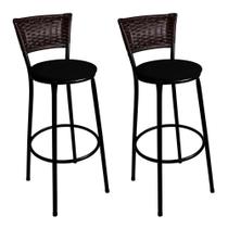 Kit 2 Banquetas Hawaii Bistrô Encosto Junco Marrom Pintura Epóxi Aço Preto Assento Preto Kit 2 Banquetas Hawaii Bistrô Encosto Junco Marrom Pintura Epóxi Aço Preto Assento Preto