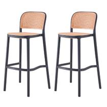 Kit 2 Banquetas Lia Amis Rivatti em Polipropileno Preto Assento e Encosto Simulando Rattan Bege