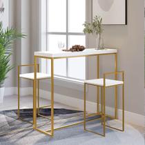 Kit 2 Banquetas Lino + 1 Mesa Bancada Aparador Mavie 150cm Industrial Ferro Dourado 100% MDF Branco - Ahazzo Móveis