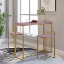 Kit 2 Banquetas Lino + 1 Mesa Bancada Aparador Mavie 150cm Industrial Ferro Dourado 100% MDF Rose Gold - Ahazzo Móveis