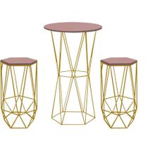 Kit 2 Banquetas Liz + 1 Mesa Bistrô Flork Industrial Ferro Dourado MDF Rosa - Ahazzo Móveis