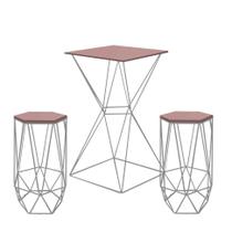 Kit 2 Banquetas Liz + 1 Mesa Bistrô Lucca Industrial Ferro Prata MDF Rosa - Ahazzo Móveis