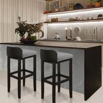 Kit 2 Banquetas Luxo Alta Onix - Base em Madeira Maciça - Estofado em Linho Com Composê no material sintético - Preto