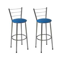 Kit 2 Banquetas Média Cromada Com Encosto Assento Azul Kit 2 Banquetas Média Cromada Com Encosto Assento Azul