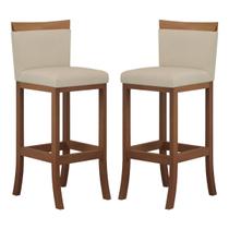 Kit 2 Banquetas Média Encosto Estofado 38x92 Cm Ilha Paris Madeira Maciça Castanho Suede Bege CCS Kit 2 Banquetas Média Encosto Estofado 38x92 Cm Ilha Paris Madeira Maciça Castanho Suede Bege CCS