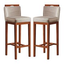 Kit 2 Banquetas Média Estofadas com Encosto 38x92 Cm Líbia Madeira Maciça Suede Bege CCS