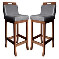 Kit 2 Banquetas Média para Cozinha Milão Madeira Castanho Suede Cinza CCS