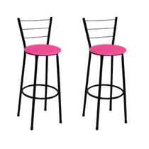 Kit 2 Banquetas Médias Preta com Encosto Assento Rosa Kit 2 Banquetas Médias Preta com Encosto Assento Rosa
