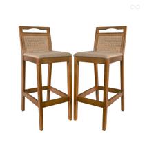 Kit 2 Banquetas para Bancada Alta de Madeira Estofada Valência Rattan Amêndoa Linho Bege CCS Kit 2 Banquetas para Bancada Alta de Madeira Estofada Valência Rattan Amêndoa Linho Bege CCS