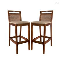 Kit 2 Banquetas para Bancada Alta de Madeira Estofada Valência Rattan Castanho Linho Bege CCS