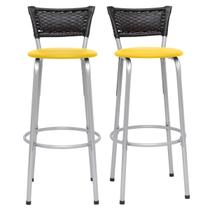Kit 2 Banquetas Prata Alta Para Balcão Gourmet Bar Junco Preto Itagold
