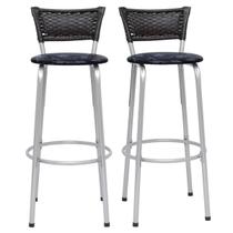 Kit 2 Banquetas Prata Alta Para Balcão Gourmet Bar Junco Preto Itagold