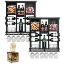 Kit 2 Barzinhos de Parede Adega de Madeira Maciça para 7 Garrafas com Porta Rolhas, Tampinhas e Taças