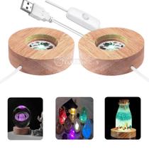 Kit 2 Bases De Led RGB Colorido Madeira Redonda Exposição Objetos Translúcidos 23220RGB