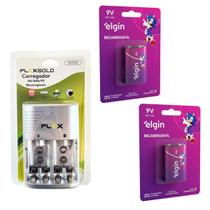 Kit 2 Bateria Recarregáv 9v + Carreg Bateria Pilha Aa/aaa/9v Auto Stop