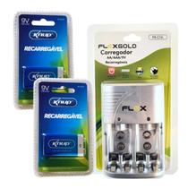 Kit 2 Bateria Recarregáv 9v + Carreg Bateria Pilha Aa/aaa/9v Auto Stop