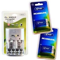 Kit 2 Bateria Recarregáv 9v + Carreg Bateria Pilha Aa/aaa/9v Auto Stop