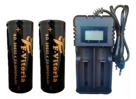 Kit 2 Baterias 26650 4.2V 38000mah + Carregador visor duplo Led Recarregável Para Lanterna Rádio