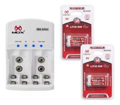 Kit 2 Baterias Recarregáveis 9v 450 mAh Mox + Carregador Auto Stop