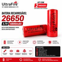Kit 2 Baterias Recarregáveis UltraFire 26650 6800mAh 3,7V Liion Alta Capacidade Original Kit 2 Baterias Recarregáveis UltraFire 26650 6800mAh 3,7V Liion Alta Capacidade Original