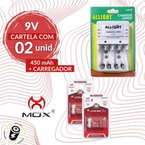 Kit 2 Baterias Recarregável 9v 450 mAh Mox + Carregador Bateria Pilha Aa/aaa/9v