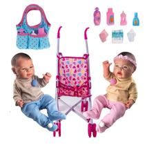 Kit 2 Bebê Reborn Realista Gemeos Com Bolsinha Carrinho Rosa - Milk Brinquedos