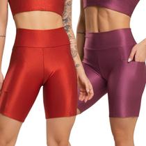 KIT 2 Bermuda Fitness Com Bolso Esmeralda Bella Fiore Cós Alto Academia Treino Feminina Musculação Tamanho:PCor:Roxo+Ve