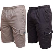 Kit 2 Bermudas Brim Sarja Extra Plus Size Masculino Elástico Cordão Cargo 5 bolsos Uniforme